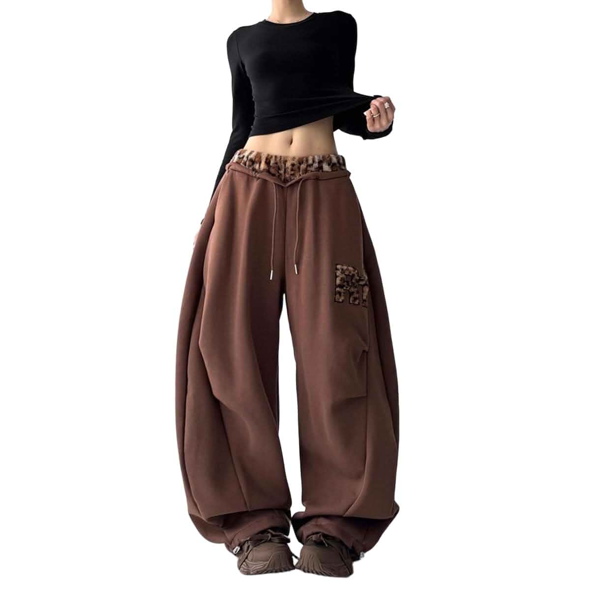Y2K Wide Leg Sweatpants for Women with Leopard Trim, Baggy Cargo Joggers Graphic Lounge Pants for Streetwear & Hip Hop