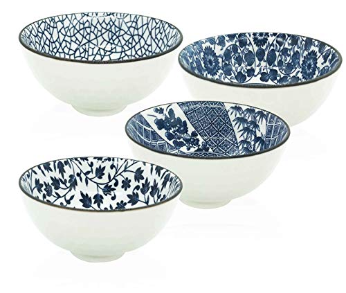 Mose Cafolo ~ Set Of 4, Japanese Style Ceramic Rice Bowl Assorted Designs Traditional Blue And White Pattern Underglazed Dinnerware Ideal For Dessert Snack Cereal Soup In Gift Box #TOP4