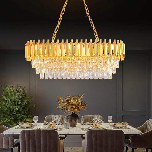 MSSIAN Lustre en cristal moderne à 8 lampes, doré, ovale - Lustre suspendu de plafond contemporain pour salle à manger, salon, îlot de cuisine et...
