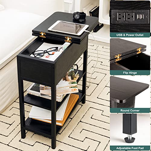Image of Yoobure End Table with Charging Station, Flip Top Side Table with USB Ports and Outlets, Sofa Couch Table Bedside Table for Living Room Bedroom, Narrow Nightstand with Storage Shelves for Small Space