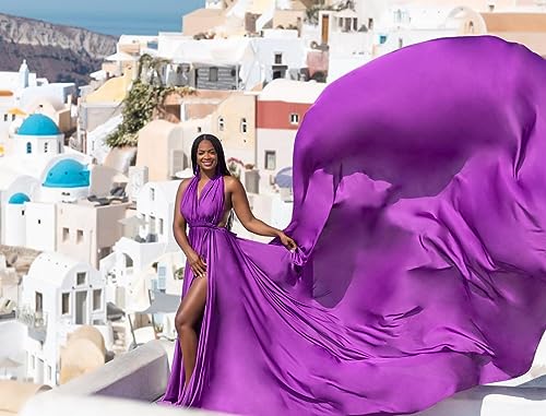 Infinity Long Flying Dress | Train Photoshoot Flowy Dress | Satin Santorini Flying Long Maxi Photography Baby Shower for Women| Long Satin Purple4