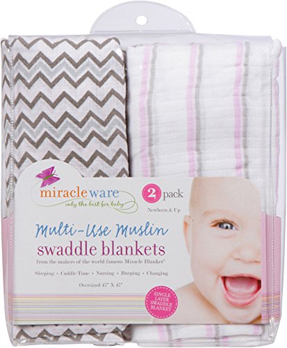 Image of Miracle Blanket Soft Muslin Swaddles Newborn Nursery Sleep Essential - Pack of 2 Warm Wraps (Pink & Grey Stripes & Chevrons)
