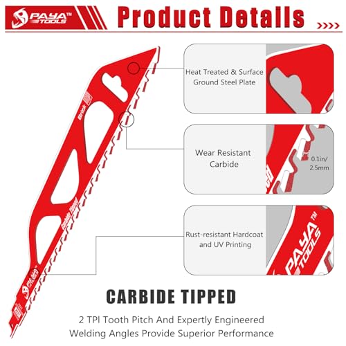 PAYA TOOLS Demolition Masonry Reciprocating Saw Blade, Carbide Blades for Cutting Aerated Concrete and Hollow Brick 305mm/12-Inch, 2TPI (2-Pack) - Thumbnail 3