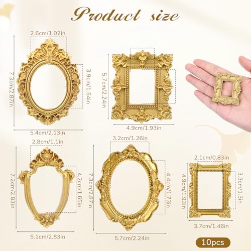 Ajcotahm 10 Stück Mini Vintage Rahmen,Kleine Bilderrahmen im Barockstil Mini Bilderrahmen Gold Vintage Bilderrahme aus Kunstharz für Schmuck DIY Wandbehang Schreibtisch Heimdekoration Antike Display