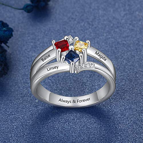 Sterling silver Personalized 3 Stone mothers ring Women engraved Name Rings for mom, birthstone ring for her family jewelry Promise Ring4