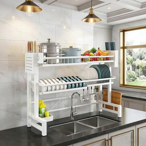 Image of COMFYHOME Over Sink Dish Drying Rack for Kitchen, Telescopic, 2 Tier High Capacity Dish Rack, Bartan Stand Over Sink Storage, Kitchen Countertop Storage Rack, Plate Bowl Basin Double Storage Supplies