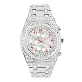 Men's Iced Out 43mm Octagon Shape Watch, Quartz Movement - Silver Red Arab Dial