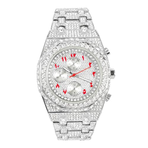 Men's Iced Out 43mm Octagon Shape Watch, Quartz Movement - Silver Red Arab Dial