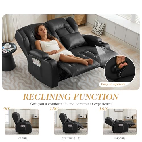 Image of Loveseat Recliner Sofa,RV Wall Hugger Recliners for Small Spaces,Reclining Loveseat Sofa Recliner with Cup Holders /Lumbar Pillows,RV Furniture (Black, 56 inch 2-Seater)