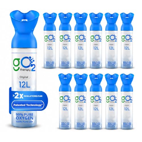 gO2Therapy Up to 5400 Inhalations (12 Pack), 12L | Portable Oxygen Canister – Single Mouth & Nose Mask – Supplemental Oxygen for Sports, Travel, Altitude & Fitness Activities.