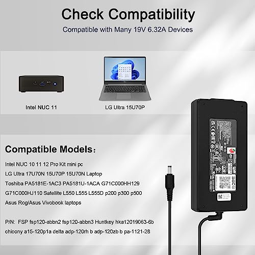 19V 6.32A 120W Charger For Intel Nuc 10 11 12 Pro Kit Lg 17U70N 15U70P Toshiba Asus Laptop Power Cord 120W Fsp120-Abbn2 Fsp120-Abbn3 Hka12019063-6B A15-120P1A Adp-120Rh B Adp-120Zb B Pa-1121-28 #TOP2