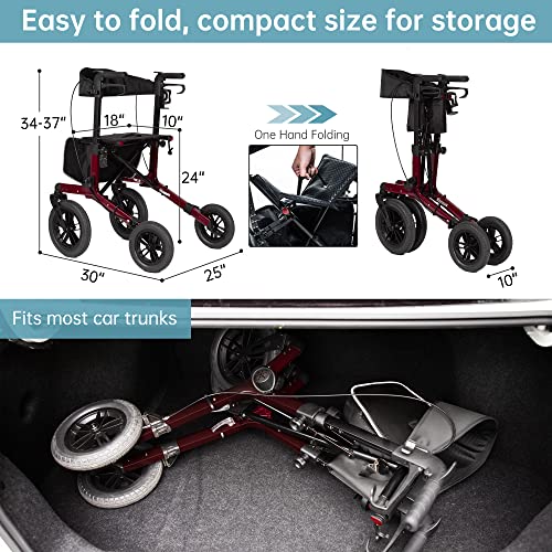 Image of ELENKER All-Terrain Rollator Walker with Non-Pneumatic Tire 12 inch Front Wheels, Compact Folding Design for Seniors, Red