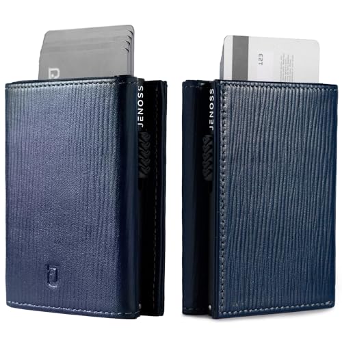 Jenoss Smart Wallet For Men: Full Grain Leather, Handcrafted, Slide Metal Pop Up Case, Slim RFID Blocking Credit Card Holder, Minimalist, Compact - 9-12 Card Organizers | ID | Money Clip (EPI Navy)