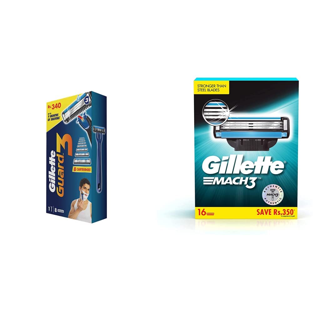 Men Guard 3 Single Razor with 8 Blades Pack & Mach 3 Shaving Blades- Pack of 16 (Cartridges)
