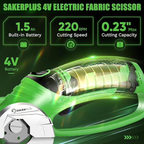 Image of SakerPlus Cordless Electric Scissors,4V Rechargeable Cardboard Box Cutter Heavy Duty Fabric Scissor with Safety Lock & LED Light,Power Rotary Cutter for Leather Carpet Plastic Cutting,Sewing,Crafting