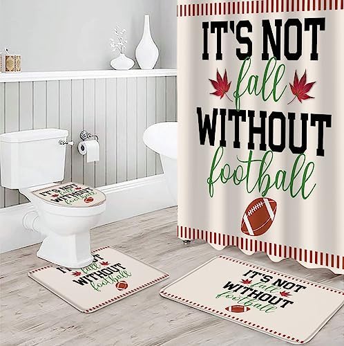 4 Pieces Shower Curtain Sets with Rugs America Football with Fall Maple Leaves Bathroom Decor,Non-Slip Bath Rug Toilet Lid Cover and U Shape Mat Sport Quote Stripe on Beige Bathroom Accessories