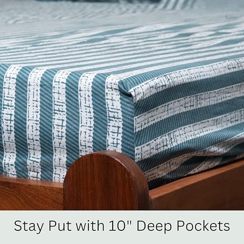Image of Amazon Brand - Umi Cotton Fitted Bedsheet, Queen Size 78x60 Inches, Elastic Fit Bed Sheet, 10 Inch Deep Pocket, Soft Breathable Bedding, Durable Easy Care, with Pillow Cover-Aqua Stripe