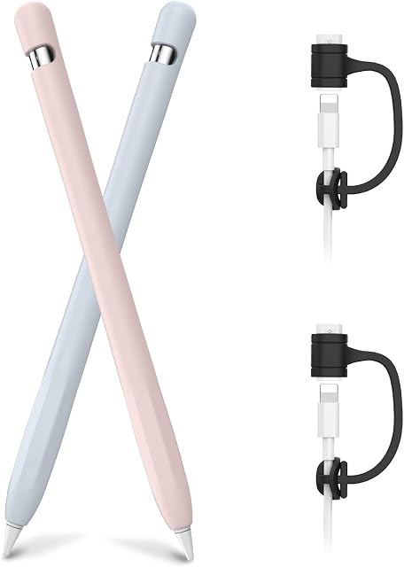 AHASTYLE Silicone Case for Apple Pencil 1st Generation [Added Cable Adapter Tether] Anti-slip Apple Pencil Cover Protective Case Compatible with Apple Pencil 1st Gen (2 Pack, Light Blue & Pink)