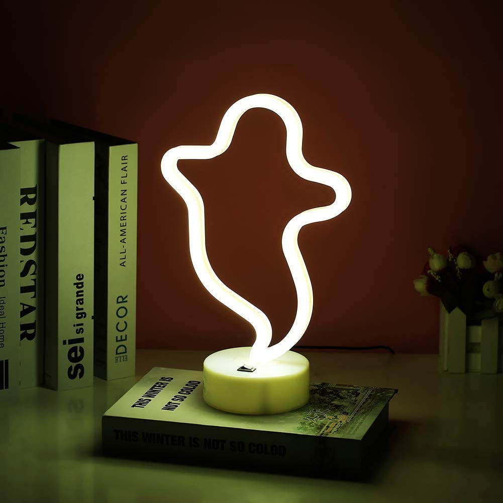 Insegna Al Neon ASmile A Forma Di Fantasma - Luce LED USB/Batteria Per Halloween, Blu, 29x17,5 Cm
