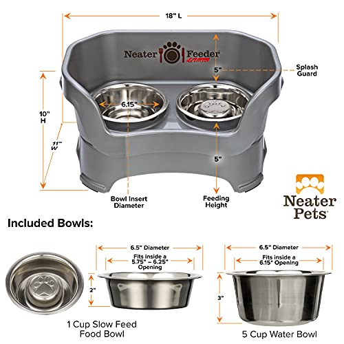 Neater Feeder Deluxe Mess Proof Dog Bowls Elevated for Medium Sized Breeds – Made in USA – No Spill Raised Slow Feeder Elevated Dog Bowl Stand, Stainless Steel Food and Water Bowl Set, Grey