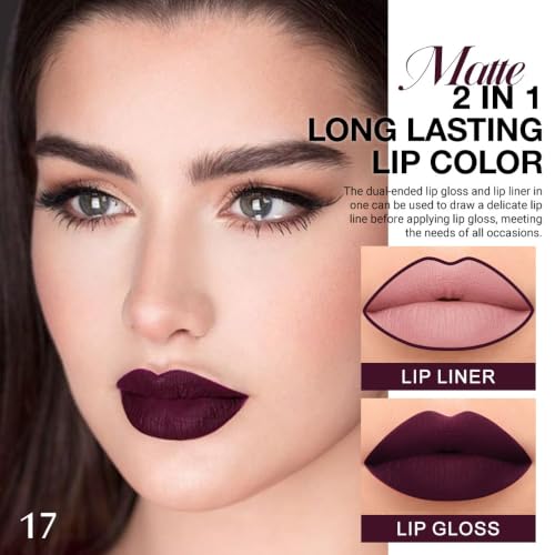 Image of evpct Dark Deep Eggplant Plum Purple Red Matte Lip Liner and Liquid Lipstick Stain Makeup Set for women Long Lasting Smudge Proof Lipstick labiales matte mate larga duracion listip 24 hours originales