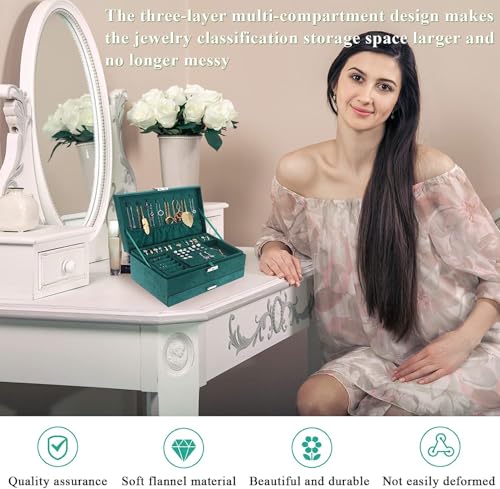 Image of BucketList 3 Layers Velvet Jewelry Organizer Storage Box Women's Velvet Ring Earrings Jewelry Display Case for Earrings, Bracelets, Rings, Necklace (3 Layer with Lock Green Box)