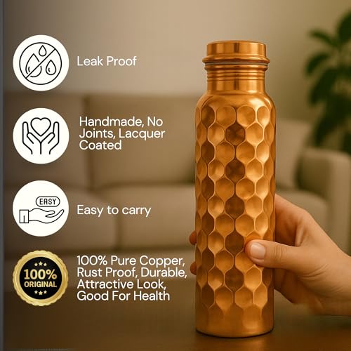 Image of Metallix Copper Water Bottle 1 Ltr | Copper Bottle for Men & Women | 100% Pure Copper | BPA Free & Leak Proof | Easy to Carry | Suitable for Yoga, School & Office (Daimond Hammered)