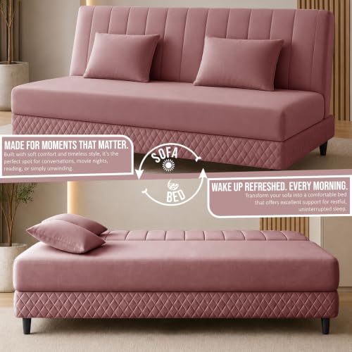 Image of Rosebell Modern 3 Seater Velvet Sofa Cum Bed with Cushion | Premium Upholstered Fabric | Tufted Backrest | Wooden Legs | Living Room Furniture | Rose Pink