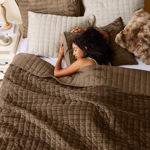 Image of Wonderful Corduroy Texture Cocoa Brown Quilt Set Queen - Hypoallergenic Skin-Friendly Soft Plush Velvety Touch Bedspread, Classic Vertical Striped Lightweight Coverlet for All Season, 94 inchx94 inch
