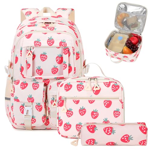 PIG PIG GIRL Kids Backpack for Girls School Bags for Middle School Students Book Bag for Elementary Primary School, Strawberry, One Size, Cute|6 Compartments 26.36 liters