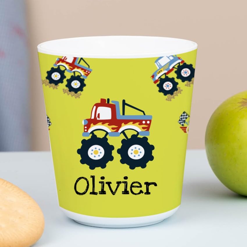 Wanapix | Personalised Plastic Cups with Name | BPA-Free Plastic | Children Small Mugs | 235ml | Monsters Cars — image 1