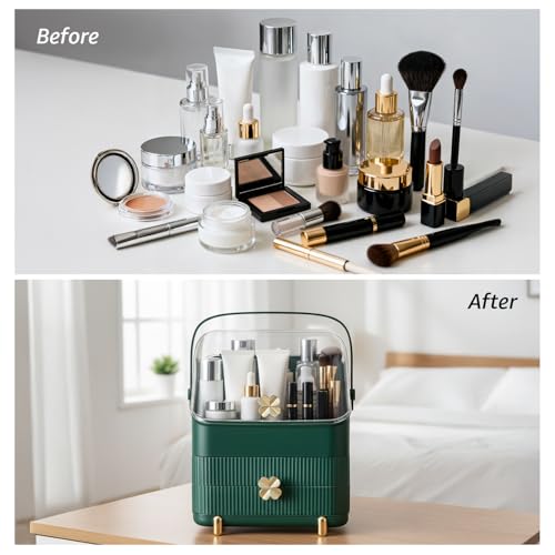 Image of Amazon Basics Glossy HIPS+PS Cosmetic Storage Organizer | 28 x 18 x 36 cm | 3 Compartments | Waterproof & Dustproof Lid | Green