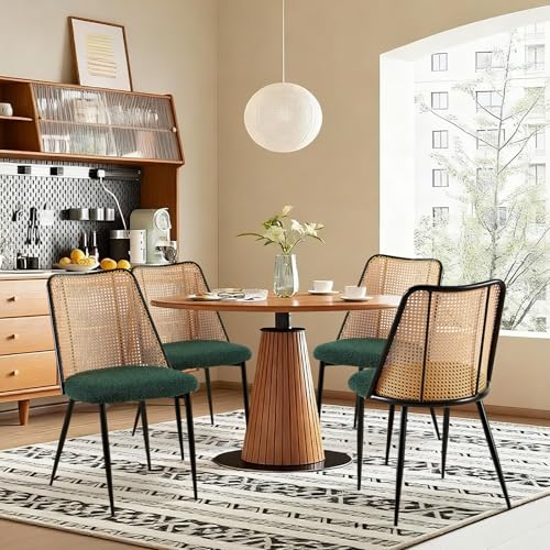 Rattan Dining Chairs Set of 4 with Boucle Cushions