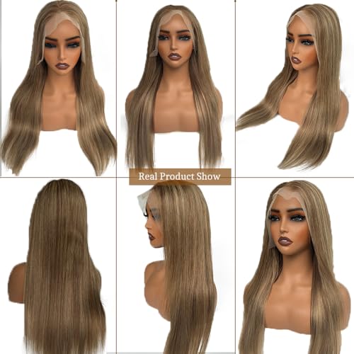 Image of Straight Highlight Lace Front Wig Human Hair 180% Density 13X6 HD Balayage Glueless Wigs Human Hair Ombre Light Brown Mixed Chestnut Brown with Ash Blonde Lace Front Wig Pre Plucked Hairline 32 Inch