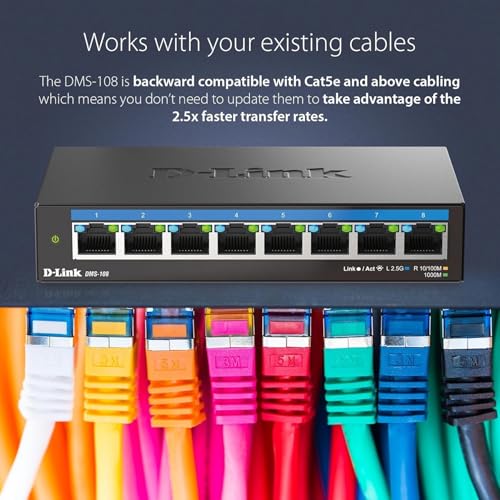 Image of D-Link 8-Port 2.5GB Unmanaged Gaming Switch with 8 x 2.5G - Multi-Gig, Desktop or Wall Mount, Silent Operation, Plug & Play, Follows NDAA /TAA, (DMS-108), Ethernet Splitter, Multi-Gigabit Network