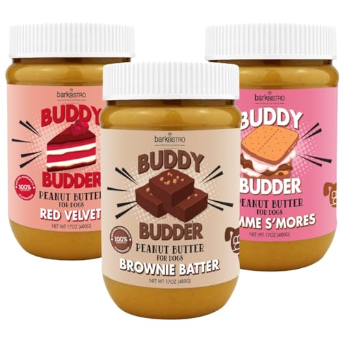 BUDDY BUDDER Red Velvet + Brownie Butter + Gimme S’Mores, 100% Natural Dog Peanut Butter, Healthy Dog Treat, Made in USA (Set of 3 / 17oz Jars)