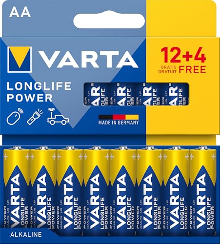 VARTA Pile AA, 12+4 (16 pezzi), Longlife Power, Alcaline, 1,5V, ideale per giocattoli, mouse wireless, torce elettriche, imballaggio riciclato al 90%, Made in Germany
