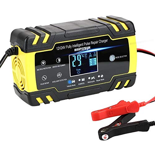 Cargador de batería de coche Cargador de batería de coche totalmente automático con reparación por pulsos, 12 V-24 V, 8 A, pantalla digital, cargadores de batería húmedos y secos, carga de energía