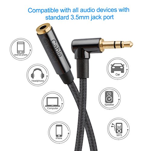 Image of CableCreation 3.5mm Headphone Extension Cable, Right Angle 3.5mm Male to Female Audio Stereo Cable with Silver-Plating Copper Compatible with iPhones, iPad, Beats, PS4 Headset, Black / 3Feet
