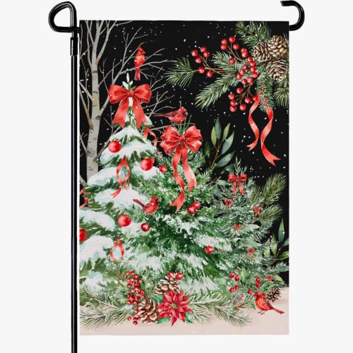 Dacawin Christmas Garden Flag Merry Christmas Tree Cardinal Bird Yard Flags Winter Snow Pine Cone Xmas Holly Berry Double Sided House Banner for Rustic Farmhouse Seasonal Lawn Patio Decor 12x18 Inch