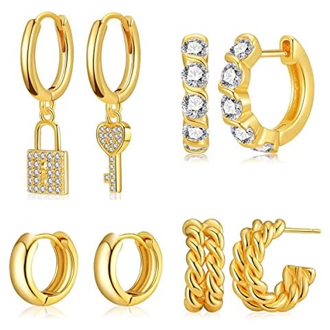 4 Pairs 14K Gold Plated Hoop Earrings Set for Women Hypoallergenic Open Twisted Huggie Jewelry for Gifts Cover
