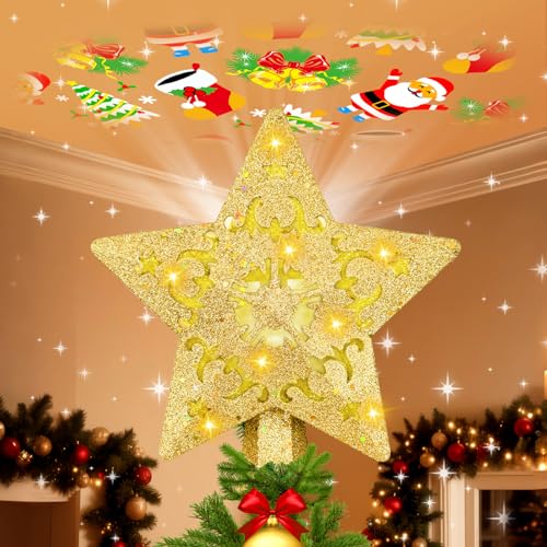 Christmas Tree Topper with Built-in 360° LED Rotating Projector, 3D Hollow Sparkling Gold Star, 3m Plug in Christmas Tree Top Decorations, Indoor Office Party Holiday Home Xmas Treetop Cool Ornament