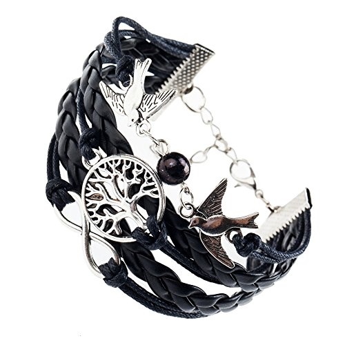 Elegant Fashionable Black Braided Wrap Around Bracelet Bangle With Silver Coloured 2 Birds With Pearl, Tree And Infinity Charms By VAGA