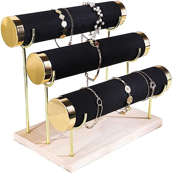 Image of Wooden Metal 3 Roll Black Gold Metal Chrome Finished Wooden Jewellery Display Stand