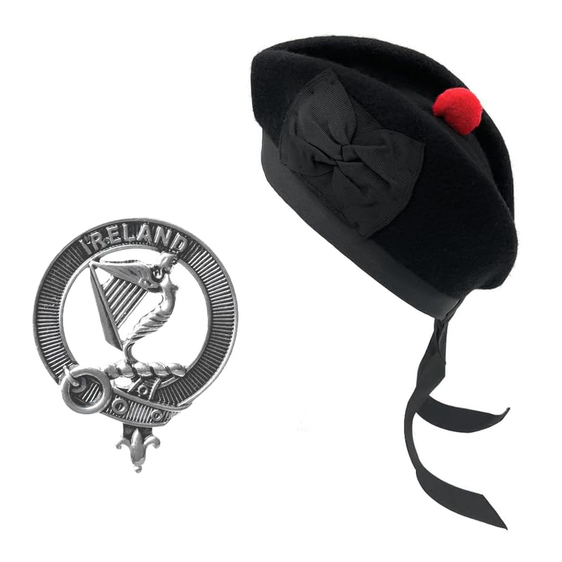 Chapeau écossais noir en laine avec insigne et pompon rouge pour adulte et enfant