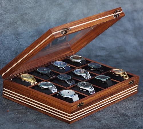Image of Watch box for women & men, Wooden organizer, Handmade Holder For Men, Custom Valet Box with Brass Lock, Christmas, Anniversary, Valentine;s Day, Father's Day (Dark Brown 12 Slots)