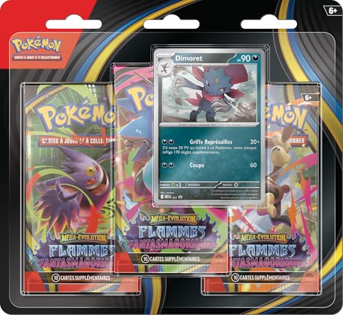 Pokémon : Blister con Tres Paquetes de Refuerzo Mega Evolution – Llamas fantásticas – Pokémon TCG Dimoret (1 Carta Promocional Brillante y 3 boosters)