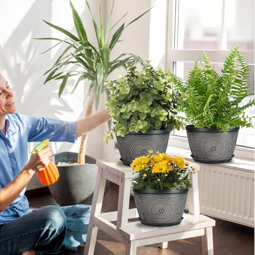 Quarut 10 Inch Flower Pots for Outdoor Indoor, 3 Pack Plastic Plant Pots with Drainage Hole & Tray, Modern Decorative Garden Pot with Saucer, planters for House (Black Copper) - Thumbnail 2