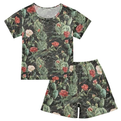 ALAZA Vintage Cactus Rose Marble Pajama Set Short Sleeve Sleepwear Soft Lounge Nightwear