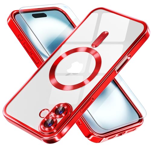 Image of Misea Magnetic for iPhone 16 Case Compatible with MagSafe Red | [Never Yellowing] [Military Drop Protection] Full Camera Lens Protector Plating Soft Clear Phone Case for Women, Red